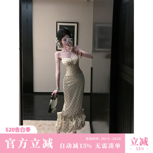 Sun雅乔【赫本午后】夏装修身下摆立体荷叶边波点吊带长款连衣裙
