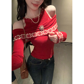 秋冬新年红设计感毛衣一字肩红色针织衫 Sun雅乔 费尔岛 上衣女