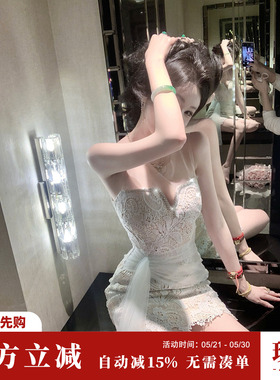 Sun雅乔【邂逅】高级感重工水溶蕾丝网纱拼接连衣裙