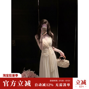 Sun雅乔【云中月色】夏季无袖白色修身缠绕褶皱收腰蕾丝腰连衣裙