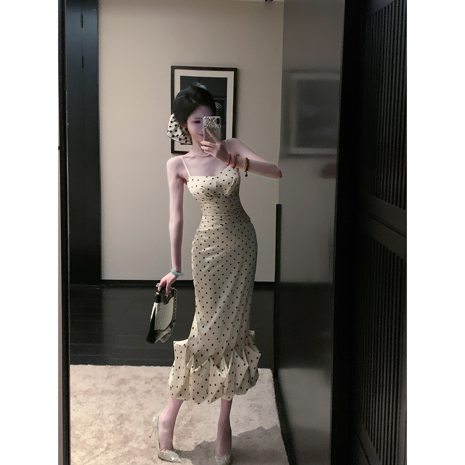 Sun雅乔【赫本午后】夏装修身下摆立体荷叶边波点吊带长款连衣裙