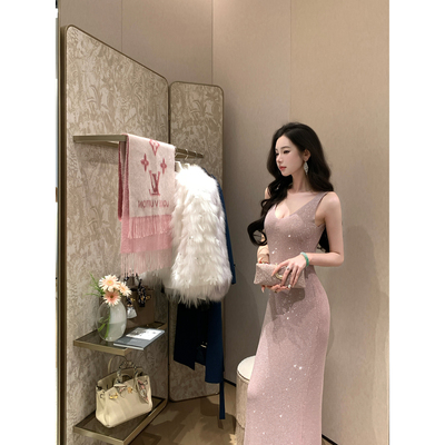 【闪闪裙】出席重要场合的V领烫钻针织宴会连衣裙法式气质长裙秋