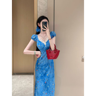 雪纺修身 雅乔 卡普里蓝调 夏季 荷叶边吊带两穿连衣长裙 绣花短袖