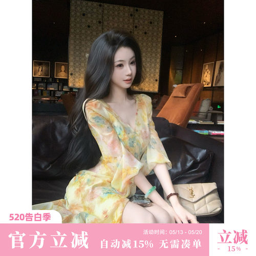 Sun雅乔【吉维尼花园】夏季海边度假灯笼袖水彩晕染油画连衣长裙