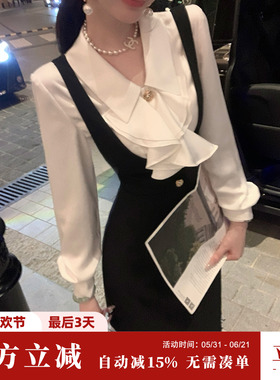 Sun雅乔【温莎贵族】秋季法式收腰优雅黑色减龄背带连衣裙短裙