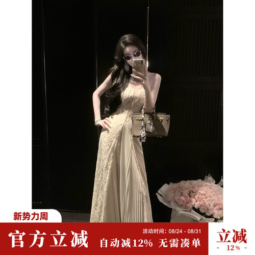 Sun雅乔【圣佩罗特】夏季钩花小众抹胸蕾丝外褂式开衩连衣裙长裙