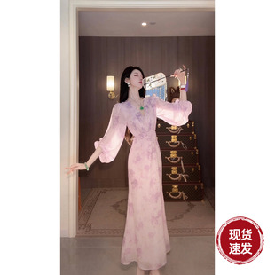 薄V领粉紫晕染印花雪纺长袖 早秋新款 连衣裙 鸢尾朦朦 Sun雅乔