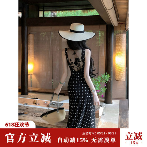 雅乔【华丽转身】夏季无袖后背网纱V领无袖植绒波点连衣裙两件套