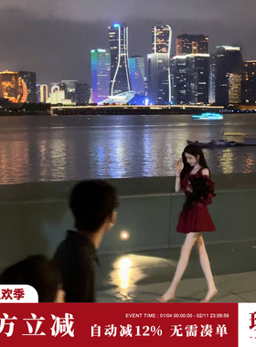 Sun雅乔【一笑倾城】红色蝴蝶结V领收腰连衣裙+黑色网纱花朵裙撑