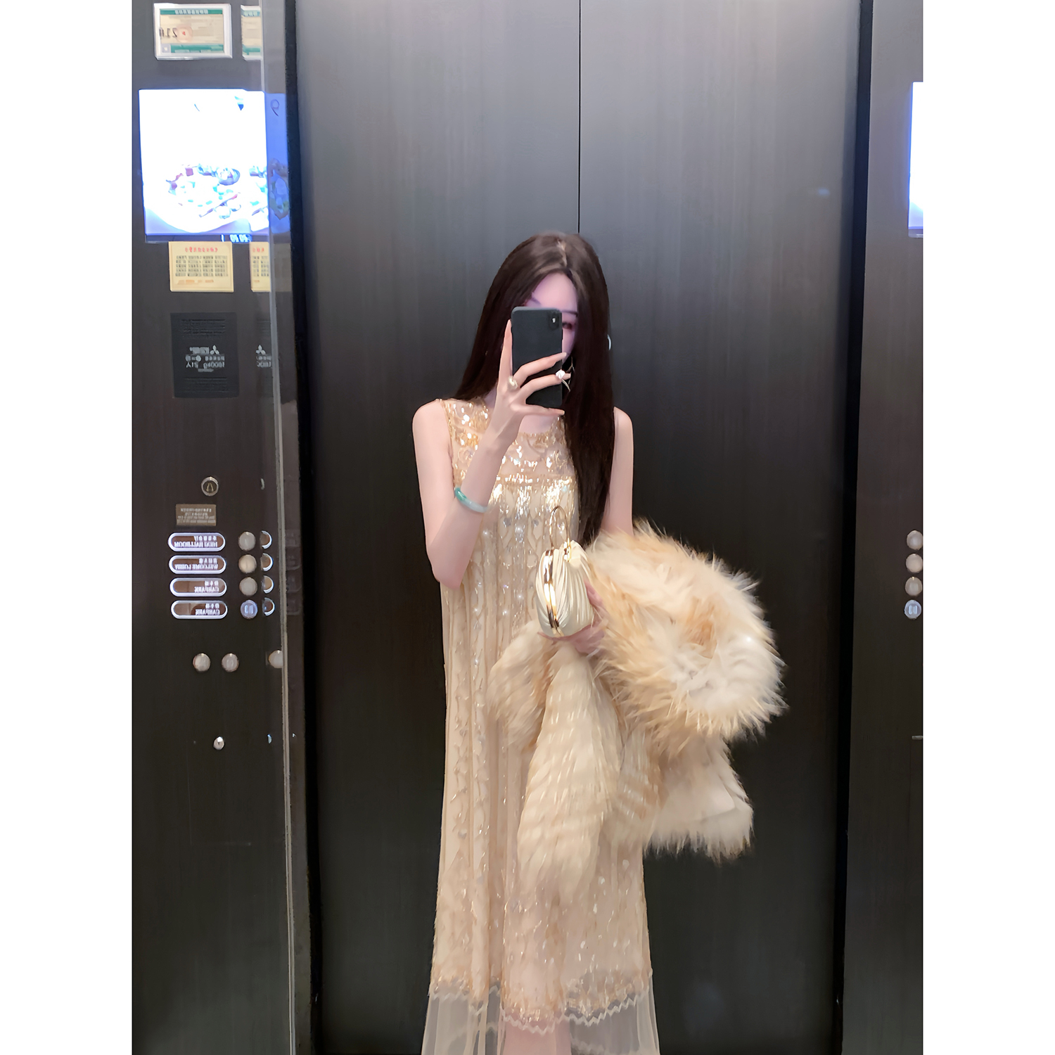 Sun雅乔【卢浮宫】秋冬新款无袖法式轻奢重工手工串珠网纱连衣裙