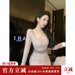 SYQIAO/雅乔【肤如凝脂】冬装U领修身磨毛加绒蕾丝长袖方领连衣裙
