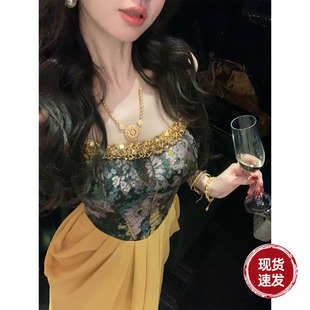 重工法式 Sun雅乔 新款 夏季 礼服裙提花雪纺鱼骨吊带连衣裙 羲和