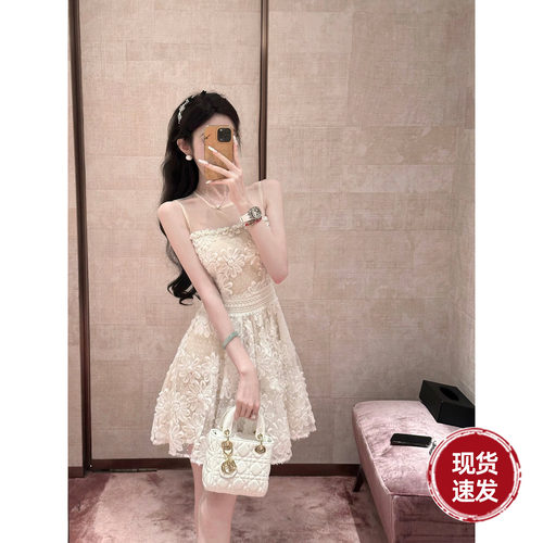 Sun雅乔【花间漫漫】夏季千金风贵气A字裙无袖重工立体花连衣裙子