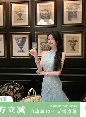 雅乔【幻彩海洋】夏季无袖背心裙千金绣花网纱不规则连衣裙子圆领