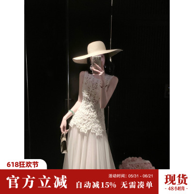 Sun雅乔【月见花影】夏季无袖重工盘花绣大摆网纱假两件连衣长裙