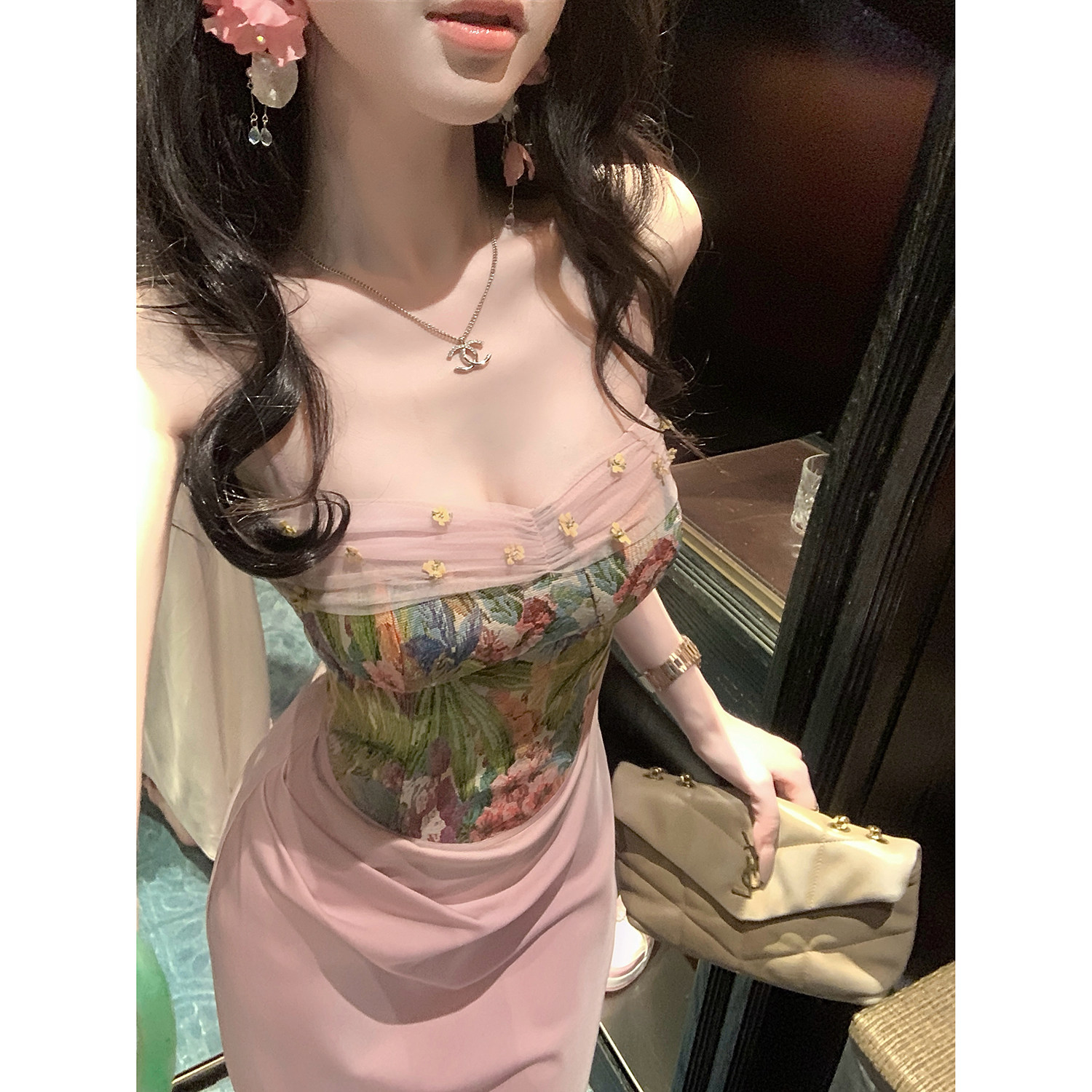 Sun雅乔【玫瑰花丛】夏季新款修身大女主复古提花拼接吊带连衣裙图片
