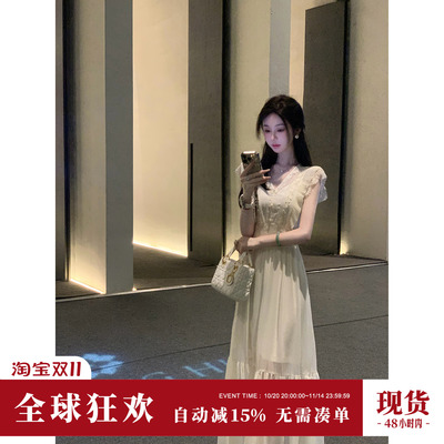 Sun雅乔【天鹅湖】双版本长短款蕾丝花边珍珠雪纺连衣裙两件套