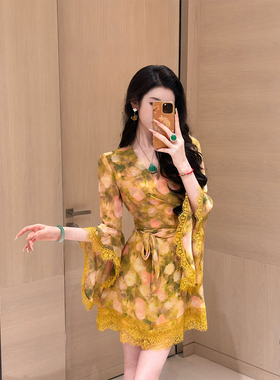 Sun雅乔【花期如梦】早秋新款九分袖双版本蕾丝鎏金印花连衣短裙