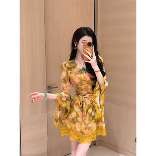 Sun雅乔【花期如梦】早秋新款九分袖双版本蕾丝鎏金印花连衣短裙