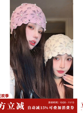 Sun雅乔【雅乔定制】羊毛双层镂空钉珠针织钩花帽子女秋冬