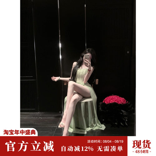 Sun雅乔【雅典娜】夏装巨好看蕾丝网纱鱼骨收腰开衩吊带连衣长裙