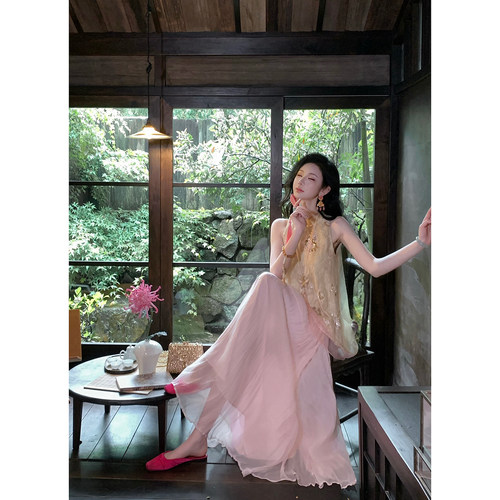 Sun雅乔【广陵春半裙】夏季水波纹长款抽褶大裙摆网纱仙女长裙子