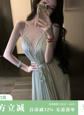 Sun雅乔【情人泪】夏装气质水光皱A字裙烫钻网纱拼接褶皱连衣长裙