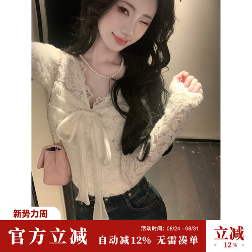 Sun雅乔【古典邂逅】秋冬新款长袖蝴蝶结系带V领蕾丝打底衫上衣女