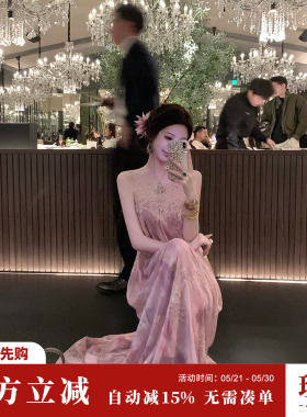Sun雅乔【富贵花】初夏新款烫钻网纱拼接金线绣花晕染无袖连衣裙