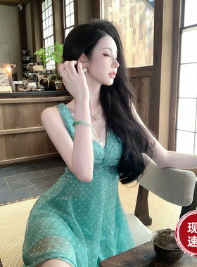 Sun雅乔【水中影】夏季新款法式复古减龄波点裙V领蕾丝边连衣裙