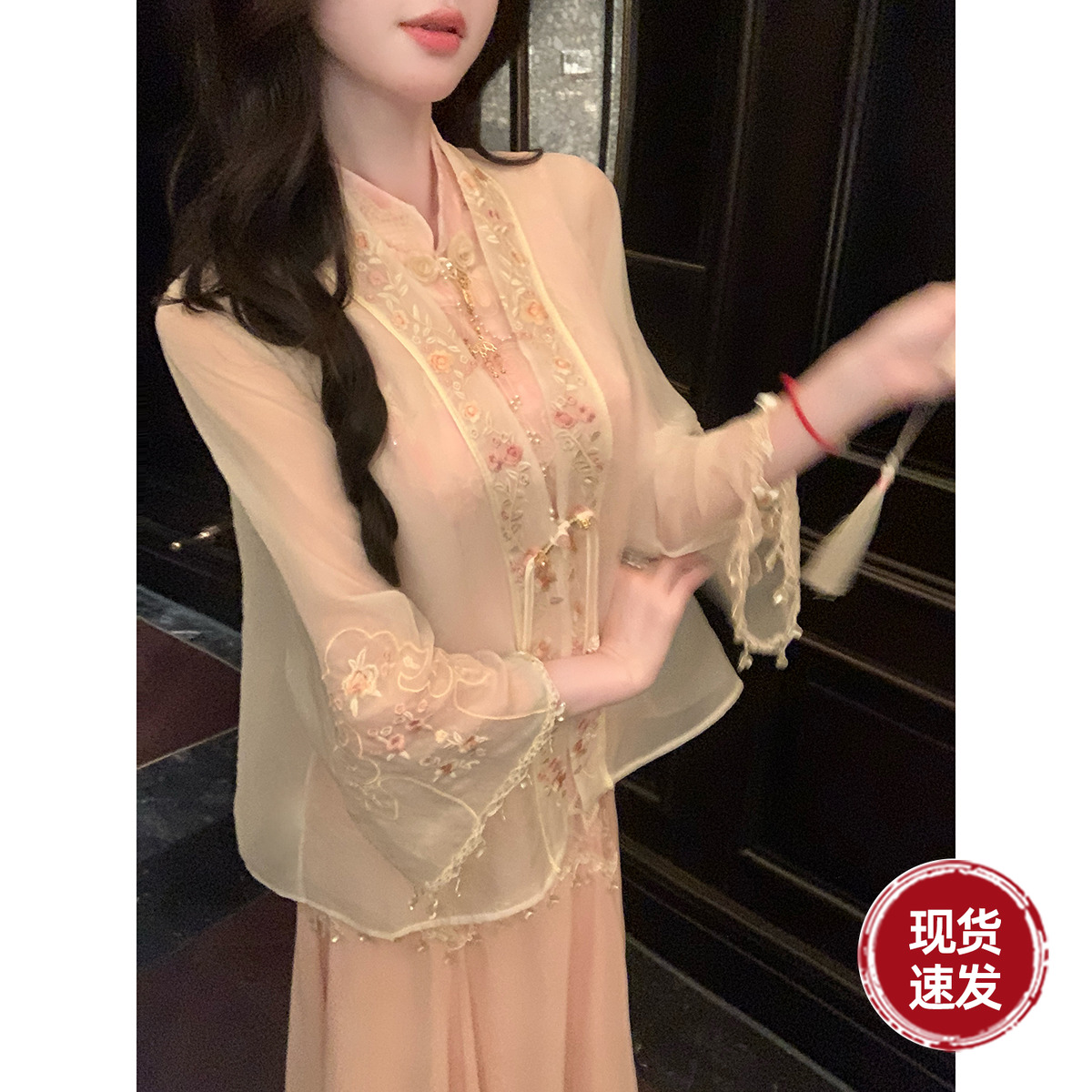 Sun雅乔 夏季九分袖防晒衫花弄影外衫花蔓轻纱新中式国风薄外套