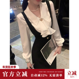 Sun雅乔【温莎贵族】秋季法式收腰优雅黑色减龄背带连衣裙短裙