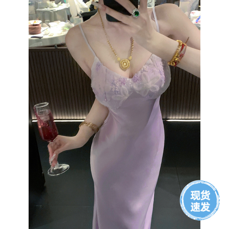 Sun雅乔【一支紫萝】蕾丝花朵紫色缎面吊带连衣裙