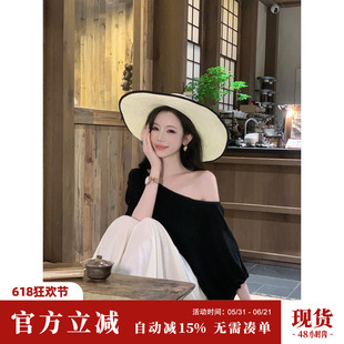 Sun雅乔【墨色松弛】夏季气质老钱风宽松慵懒醋酸上衣女短袖T恤