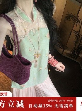 Sun雅乔【月上柳梢】夏季新款国风重工刺绣天丝亚麻新中式上衣女