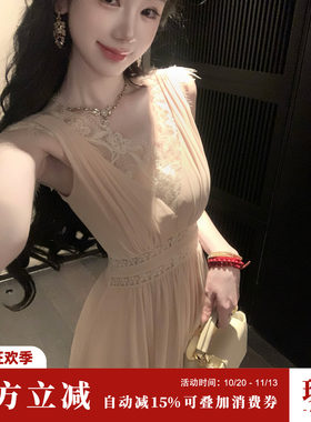 Sun雅乔【不期而遇】夏季减龄无袖粉色V领蕾丝拼接雪纺长裙连衣裙