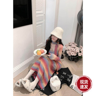 毛衣裙甜美糖果色方领长袖 春冬新款 针织连衣裙 小彩虹 Sun雅乔
