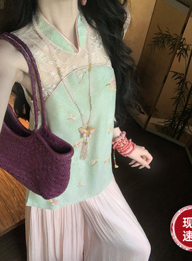 Sun雅乔【月上柳梢】夏季新款国风重工刺绣亚麻新中式上衣女