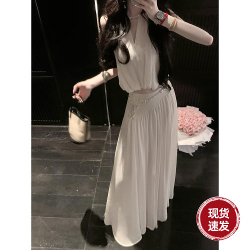 Sun雅乔【卡洛琳】夏装气质无袖白色雪纺上衣女半身长裙两件套装