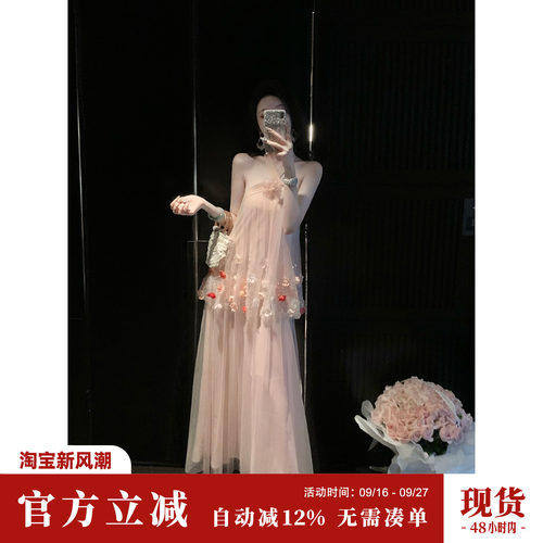 Sun雅乔【海滨花信】夏季度假风立体花挂脖连衣裙多层大摆纱裙
