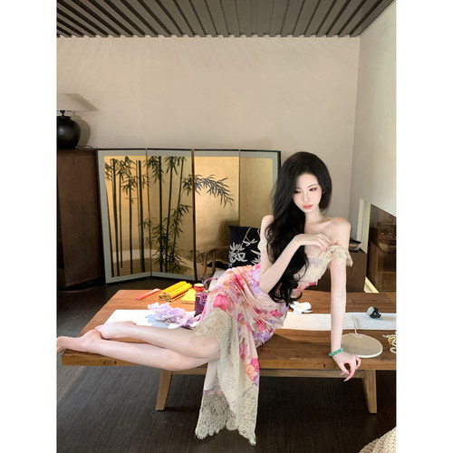 雅乔【上帝后花园】夏季法式田园风油画蔷薇晕染蕾丝剪花连衣长裙