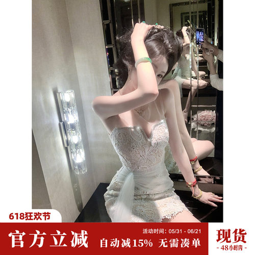 Sun雅乔【邂逅】夏季新款礼服高级感重工水溶蕾丝网纱拼接连衣裙