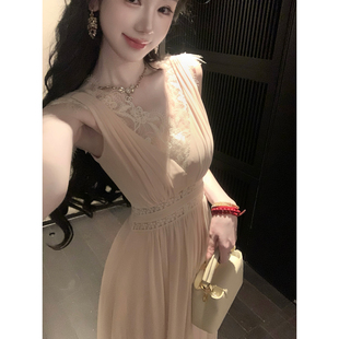 Sun雅乔【不期而遇】夏季减龄无袖粉色V领蕾丝拼接雪纺长裙连衣裙