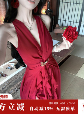 Sun雅乔【波尔多之夜】夏季无袖辣妹红色V领挂脖荷叶边雪纺连衣裙