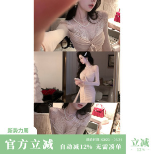 重工蕾丝拼接网纱烫钻加绒长袖 粉色法式 连衣裙子 秋冬新款 Sun雅乔