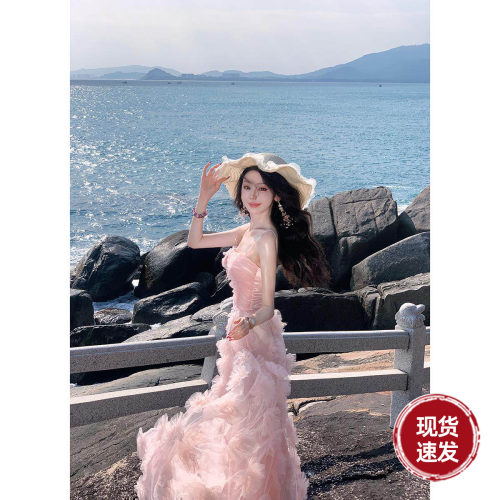 雅乔【岛屿水晶】夏季度假风超仙儿的花朵少女粉修身吊带连衣长裙