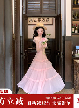 Sun雅乔【花园假日】夏粉色甜美修身两穿一字肩小飞袖蛋糕连衣裙