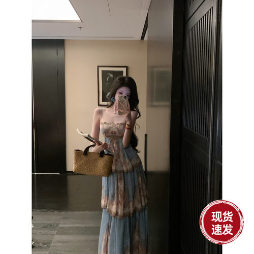 Sun雅乔【黄金海岸】夏季异域欧式度假印花大摆蛋糕裙吊带连衣裙