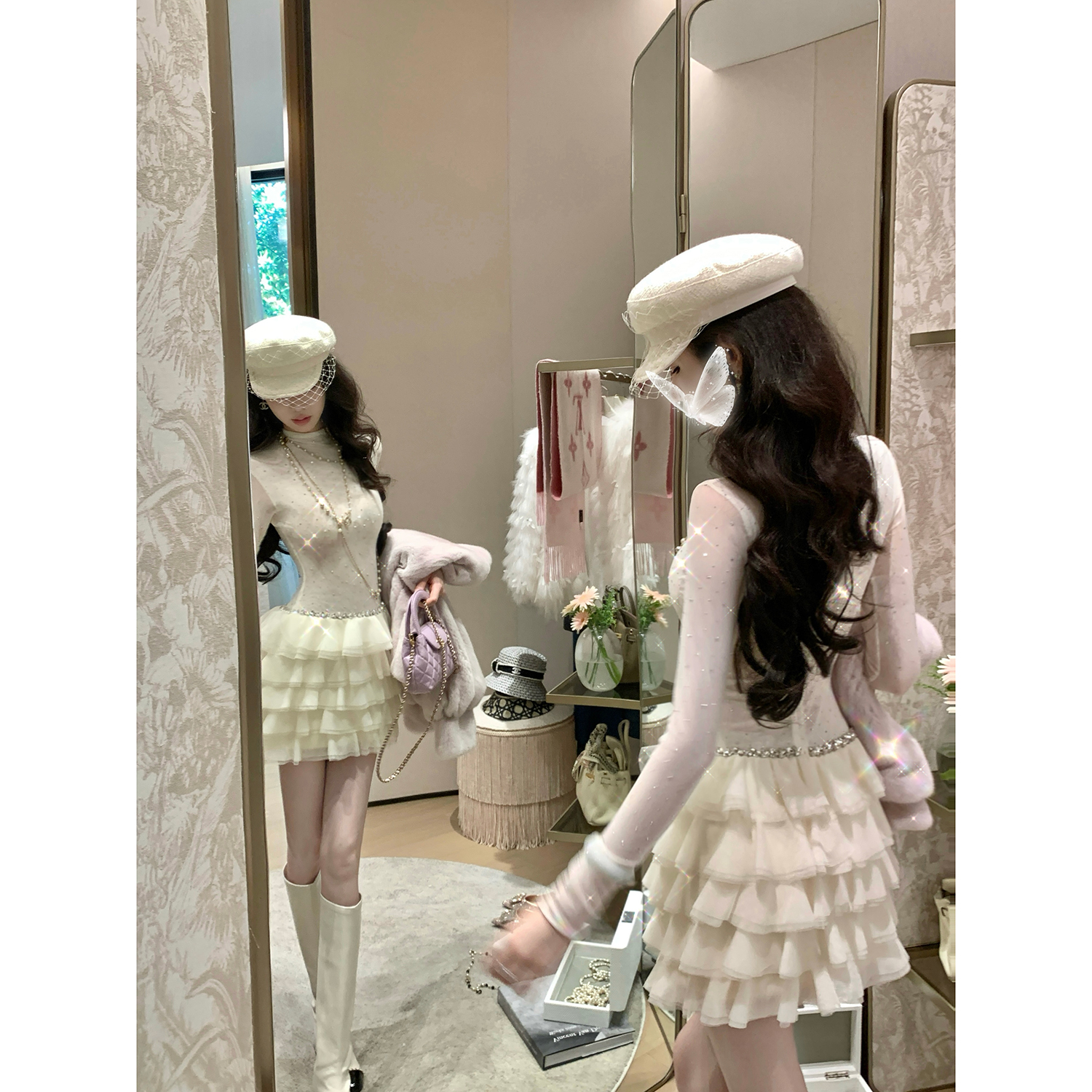 Sun雅乔【古堡芭蕾】秋冬新款时尚长袖烫钻连衣裙修身网纱蛋糕裙