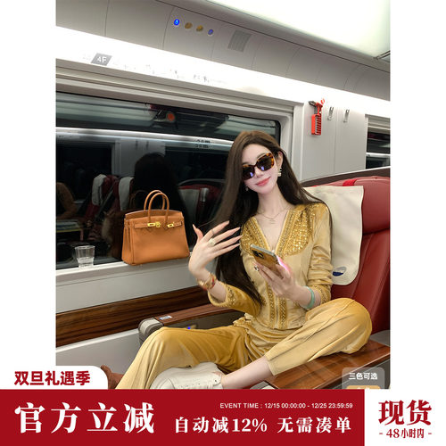 Sun雅乔 秋冬时尚运动休闲连帽修身卫衣外套阔腿裤丝绒两件套装女